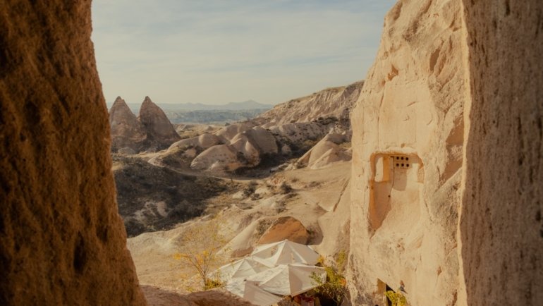 Rocky desert landscape with unique geological formations.